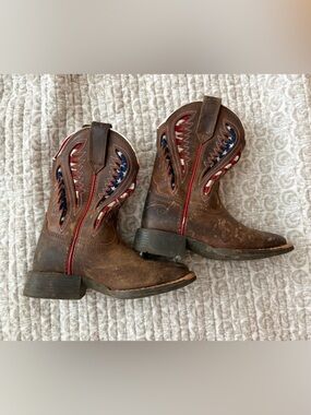 Ariat Brown Kids Western Boots with Red & Blue Accents